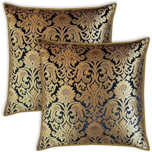 Black Gold Floral Brocade Pillow Covers 18x18 Set of 2 Decorative Cushion Covers - Picture 5 of 5